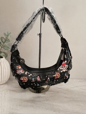 Ed Hardy Black Tattoo Shoulder Bag Studded Hobo Purse Skull Tiger Print NWT